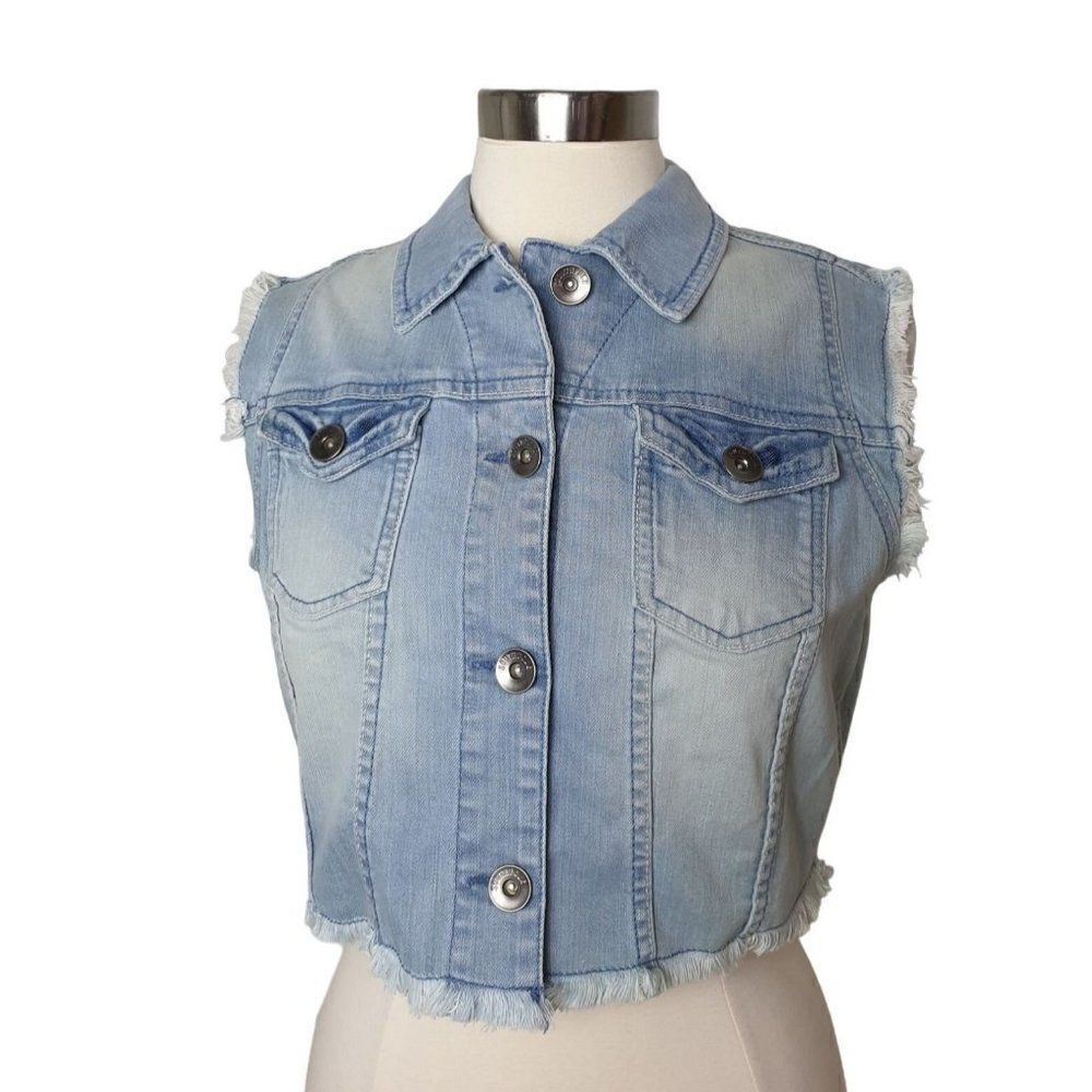 Women's Denim Crop Vest Frayed Sleeveless Jacket Large NWOT
